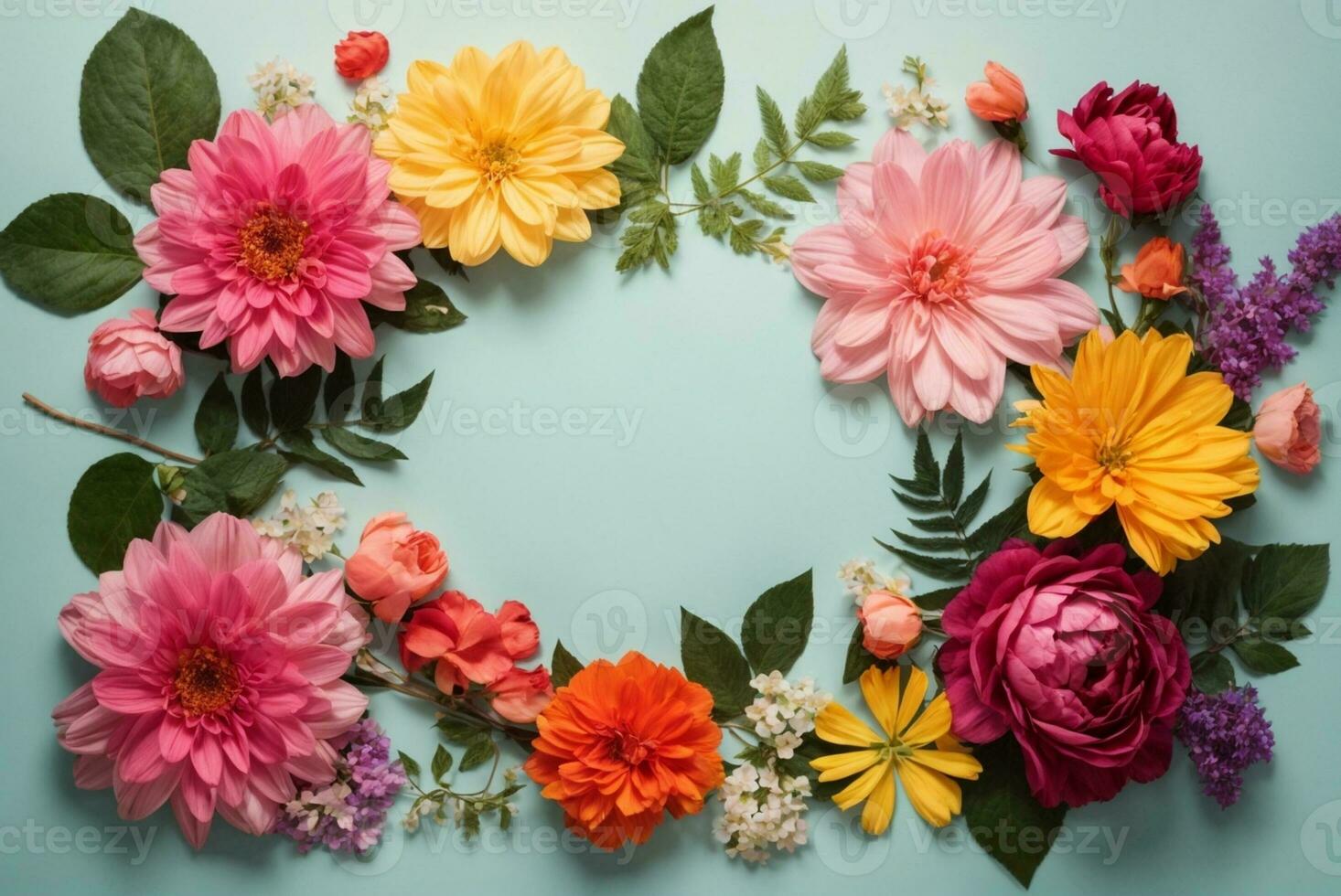 Flowers composition. Frame made of colorful flowers on blue background. Flat lay, top view, copy space, AI Generative photo