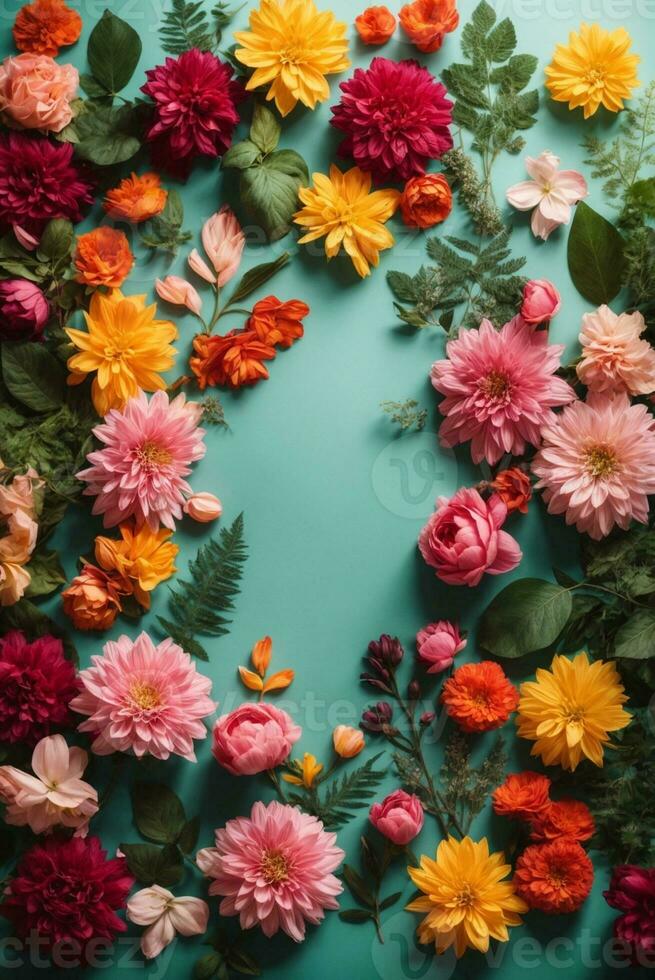 Flowers composition. Frame made of colorful flowers on blue background. Flat lay, top view, copy space, AI Generative photo