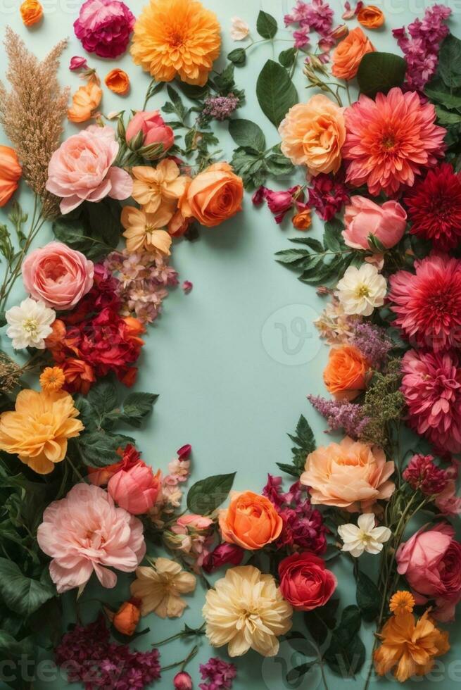 Flowers composition. Frame made of colorful flowers on blue background. Flat lay, top view, copy space, AI Generative photo