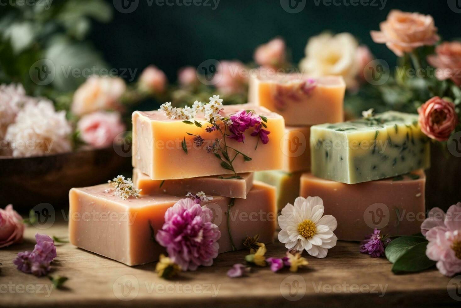 Handmade soap bars with flowers on wooden background. AI Generative photo