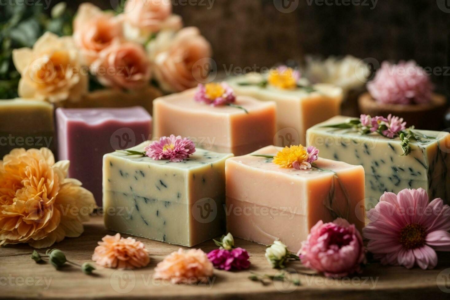 Handmade soap bars with flowers on wooden background. AI Generative photo