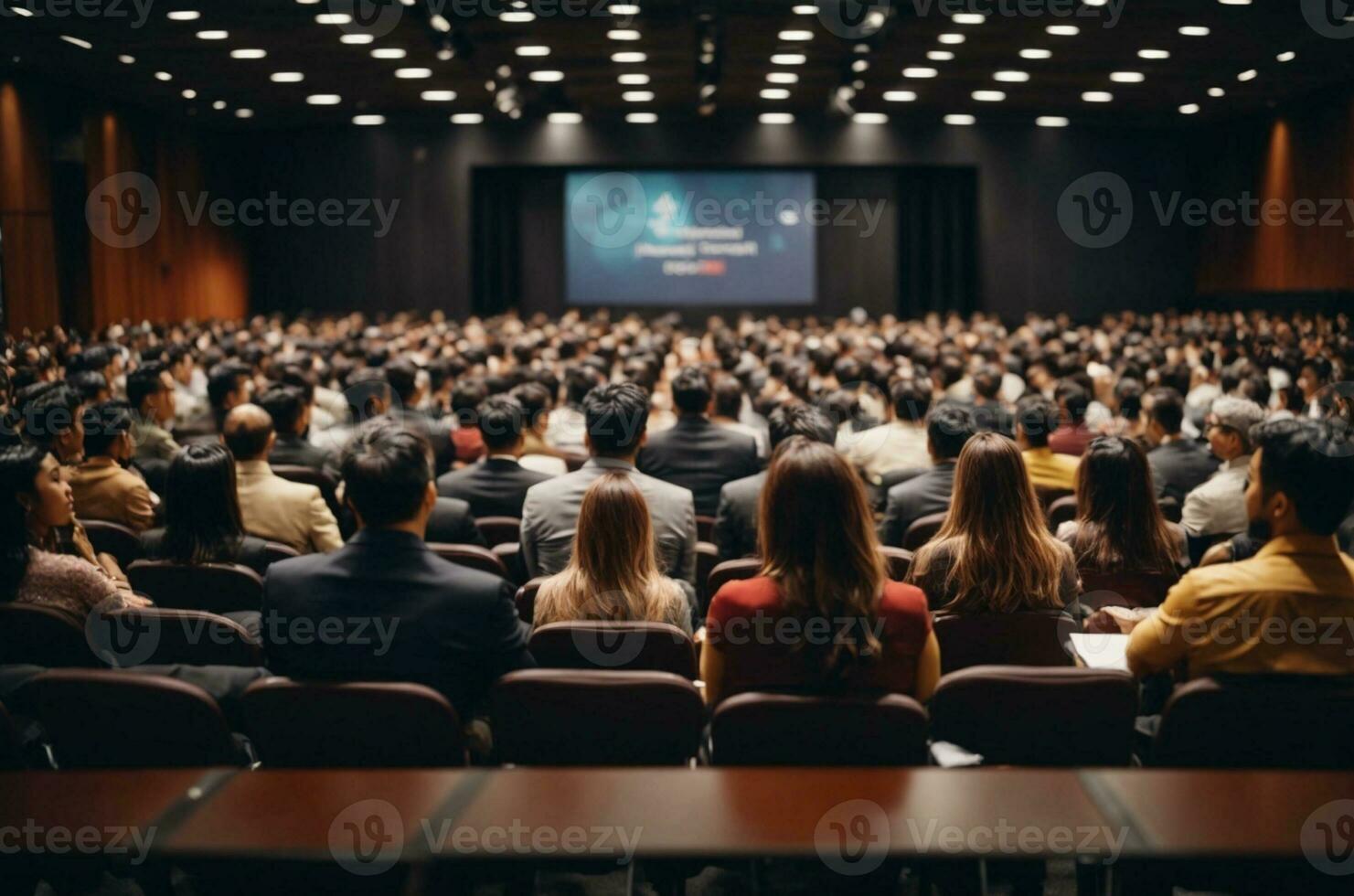 negocio y emprendimiento simposio. altavoz dando un hablar a negocio reunión. audiencia en conferencia hall.ai generativo foto