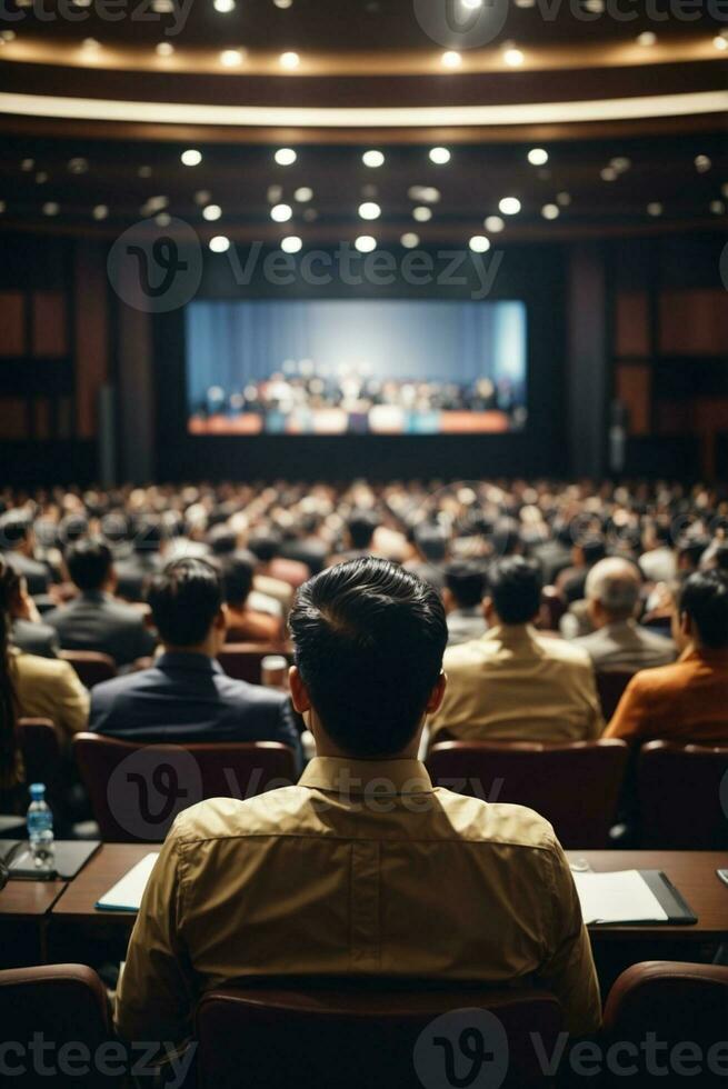 Business and entrepreneurship symposium. Speaker giving a talk at business meeting. Audience in conference hall.AI Generative photo