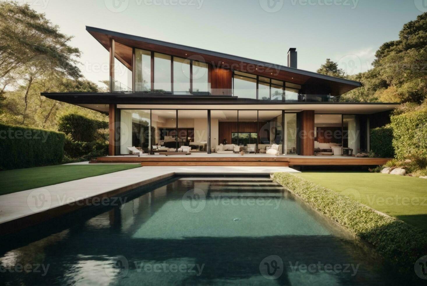 Modern cozy house with pool and parking for sale or rent in luxurious style and beautiful landscaping on background. AI Generative photo