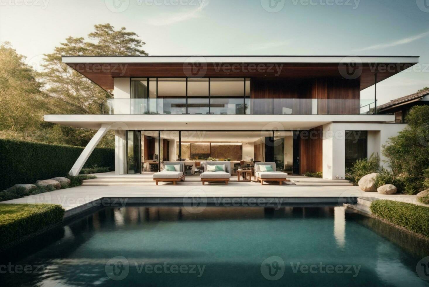 Modern cozy house with pool and parking for sale or rent in luxurious style and beautiful landscaping on background. AI Generative photo