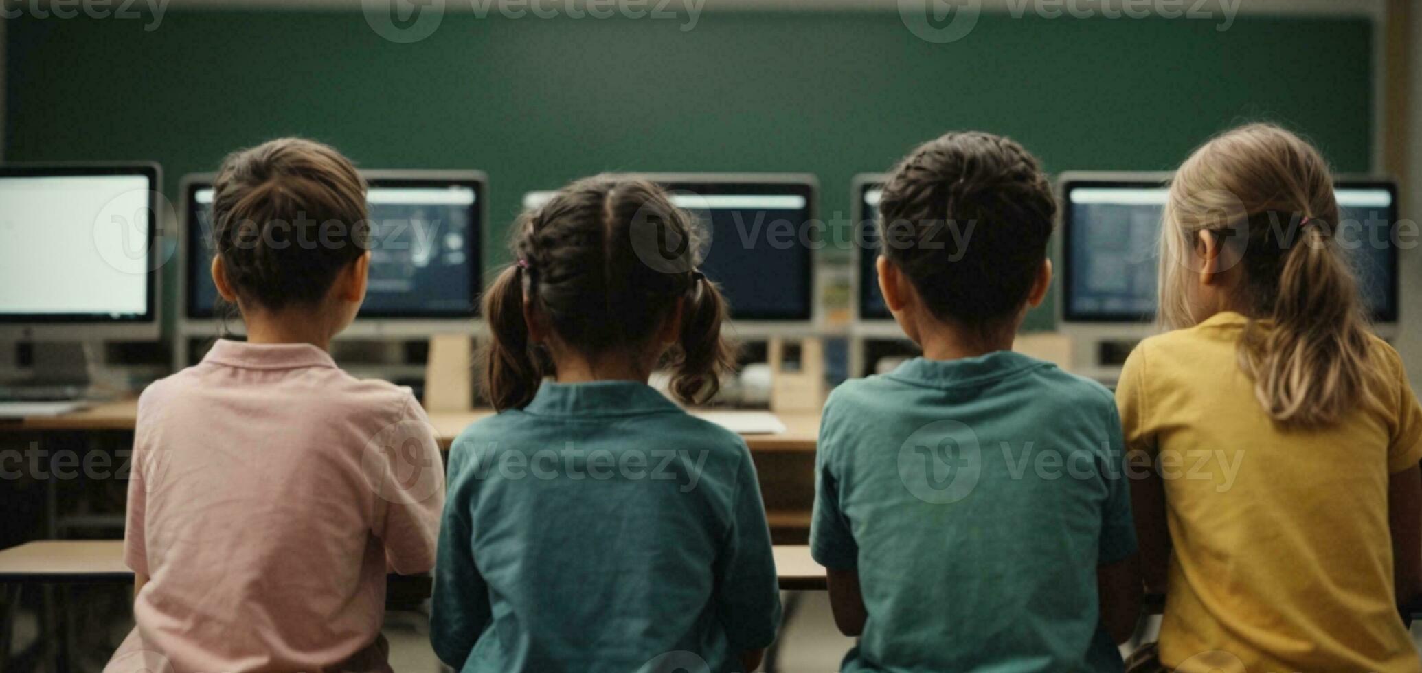 Group of children sitting in classroom, back view. Elementary school education, AI Generative photo