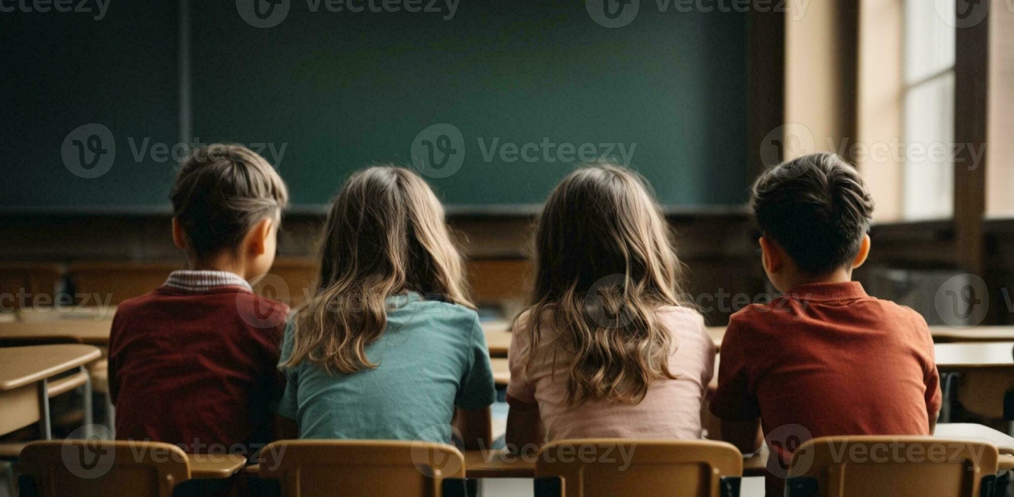 grupo de niños sentado en aula, espalda vista. elemental colegio educación, ai generativo foto