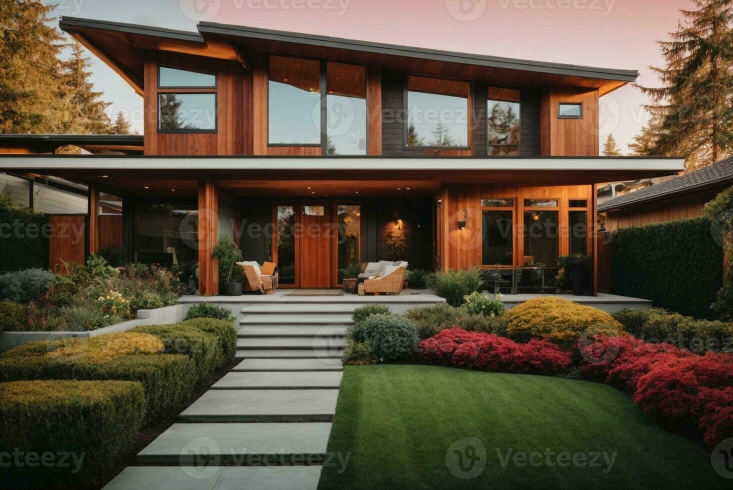 Modern wooden house with a beautiful landscaped garden in the autumn.AI Generative photo