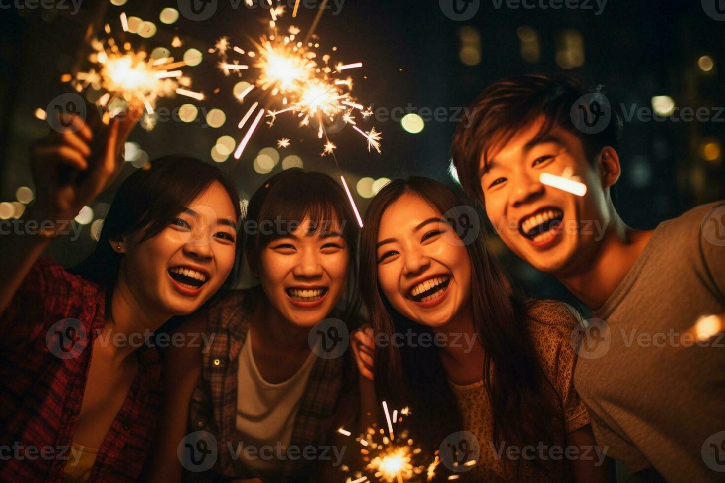 grupo de asiático amigos disfrutando fuegos artificiales durante festival, ai generativo foto