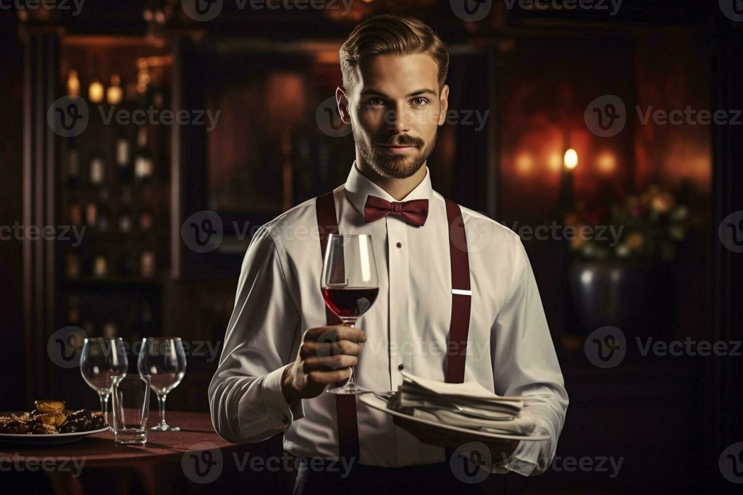 hermoso camarero en uniforme con blanco toalla sirve vino a invitados en restaurante, ai generativo foto