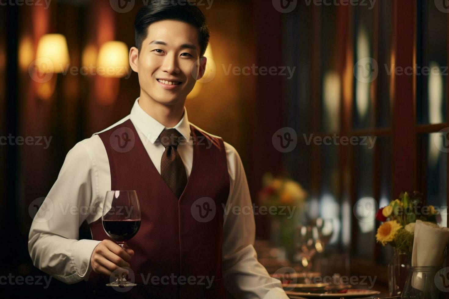 Handsome waiter in uniform with white towel serves wine to guests in restaurant, AI Generative photo