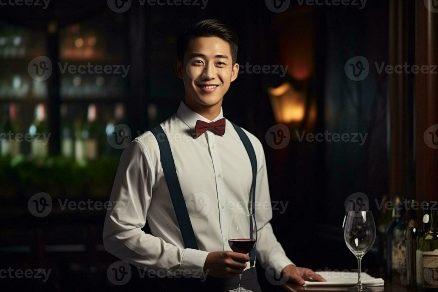 hermoso camarero en uniforme con blanco toalla sirve vino a invitados en restaurante, ai generativo foto