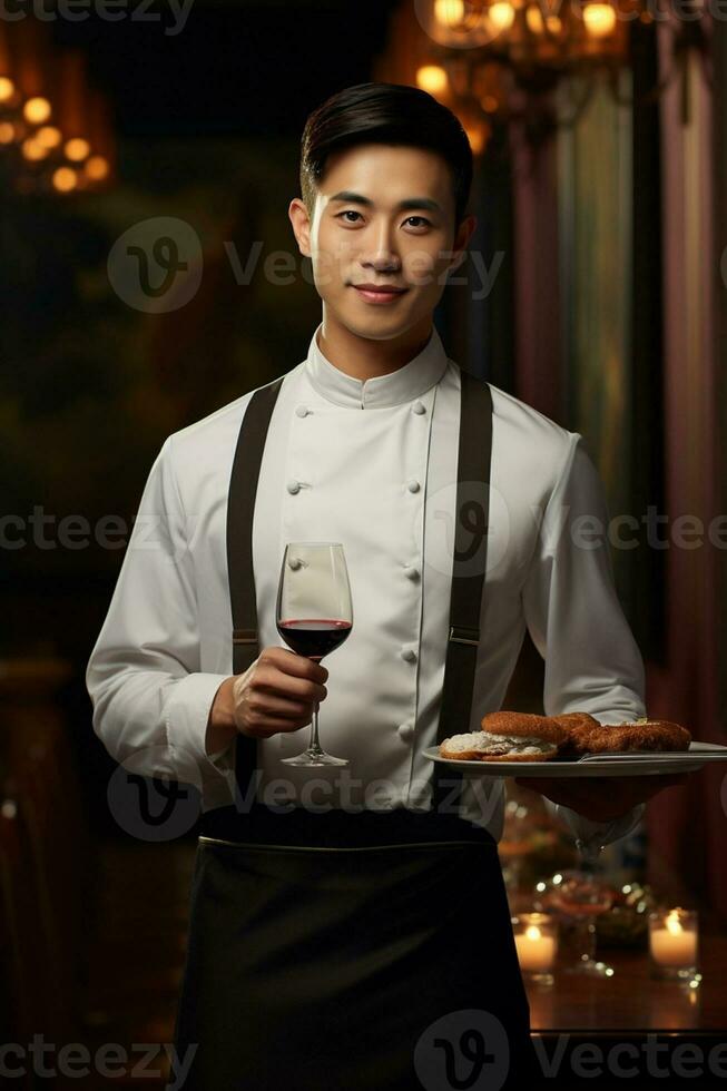 hermoso camarero en uniforme con blanco toalla sirve vino a invitados en restaurante, ai generativo foto