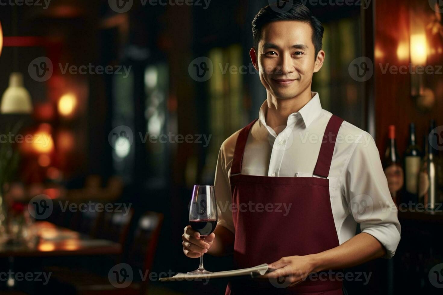 Handsome waiter in uniform with white towel serves wine to guests in restaurant, AI Generative photo