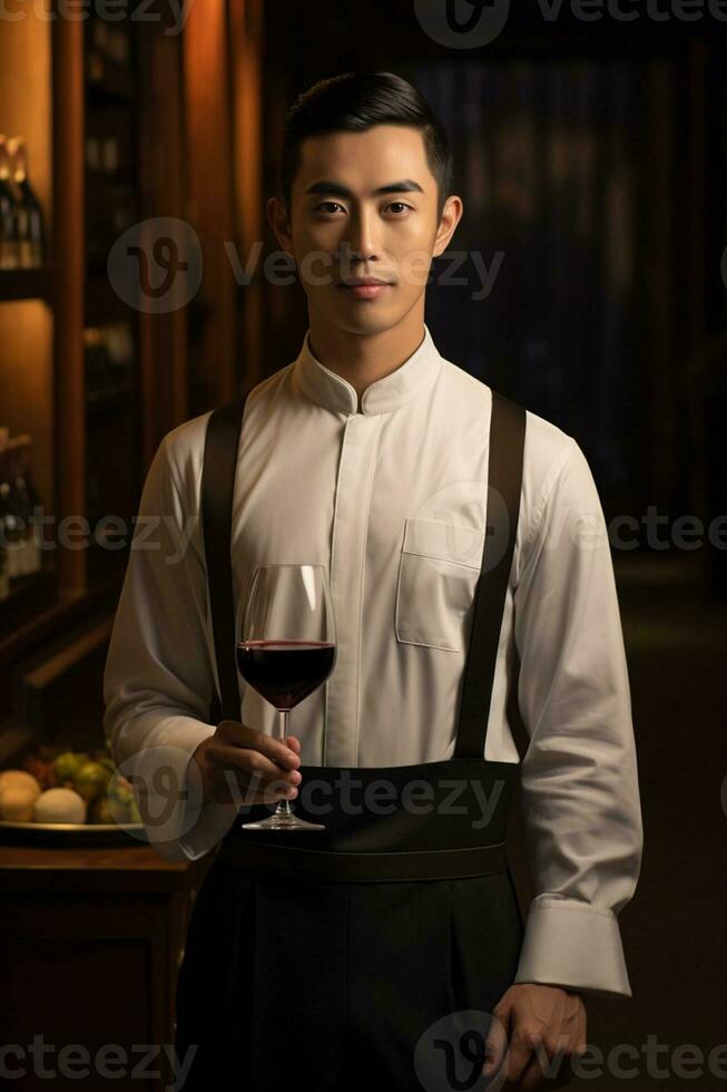 Handsome waiter in uniform with white towel serves wine to guests in restaurant, AI Generative photo