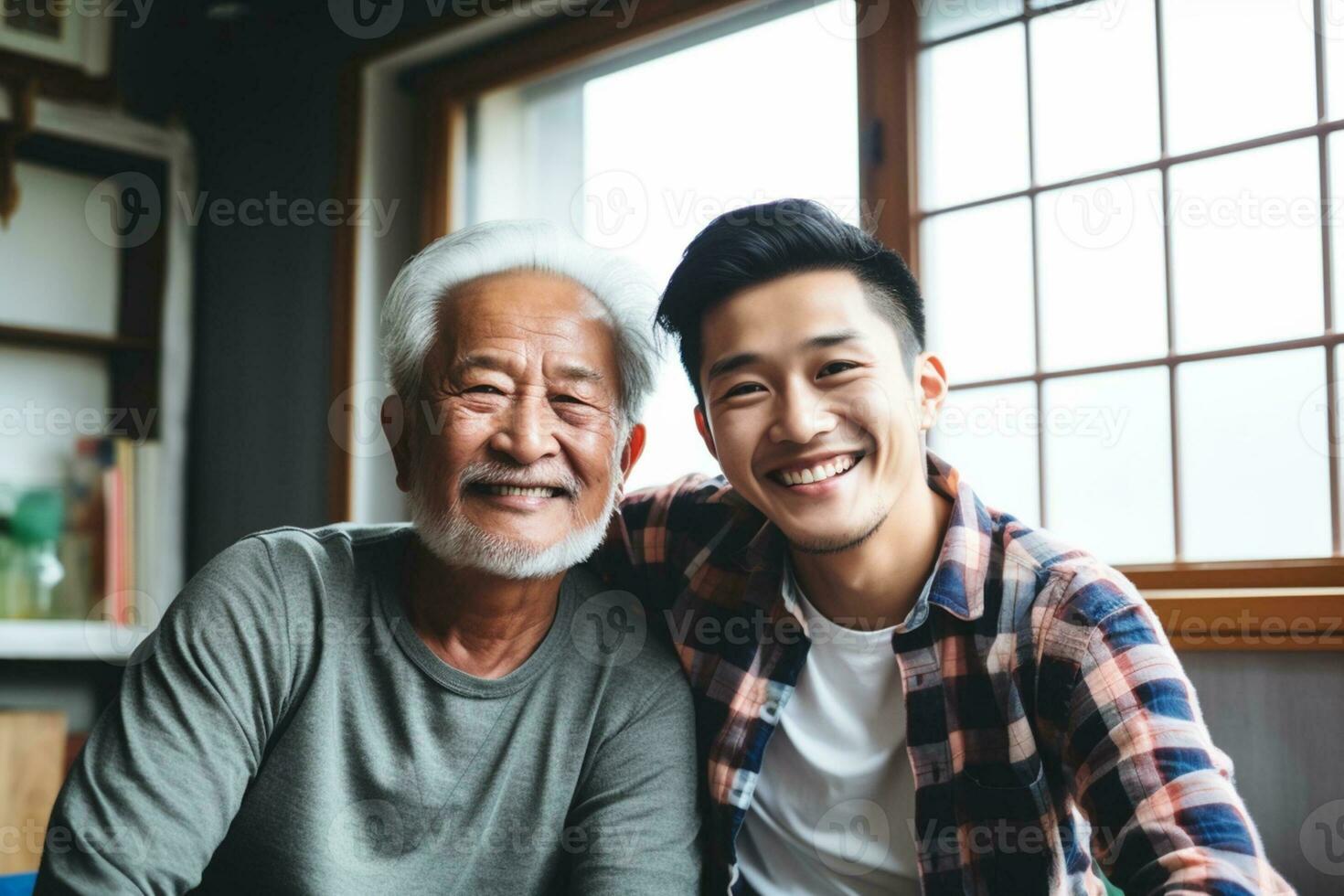 Happy father and son enjoy staying home on Father's Day with family love., AI Generative photo