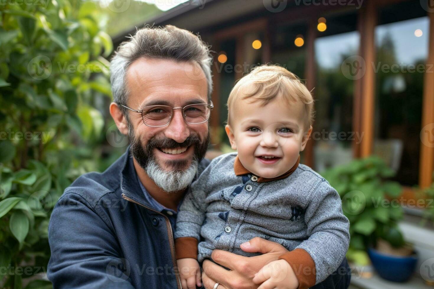Happy father and son enjoy staying home on Father's Day with family love., AI Generative photo