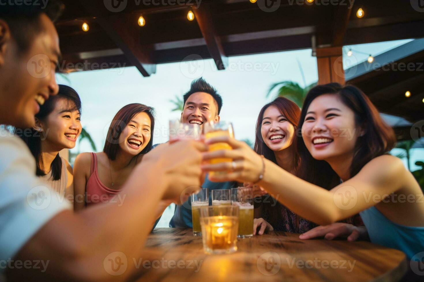 Group of happy friends enjoying cocktails at beach party Travel and summer vacation concept. AI Generative photo