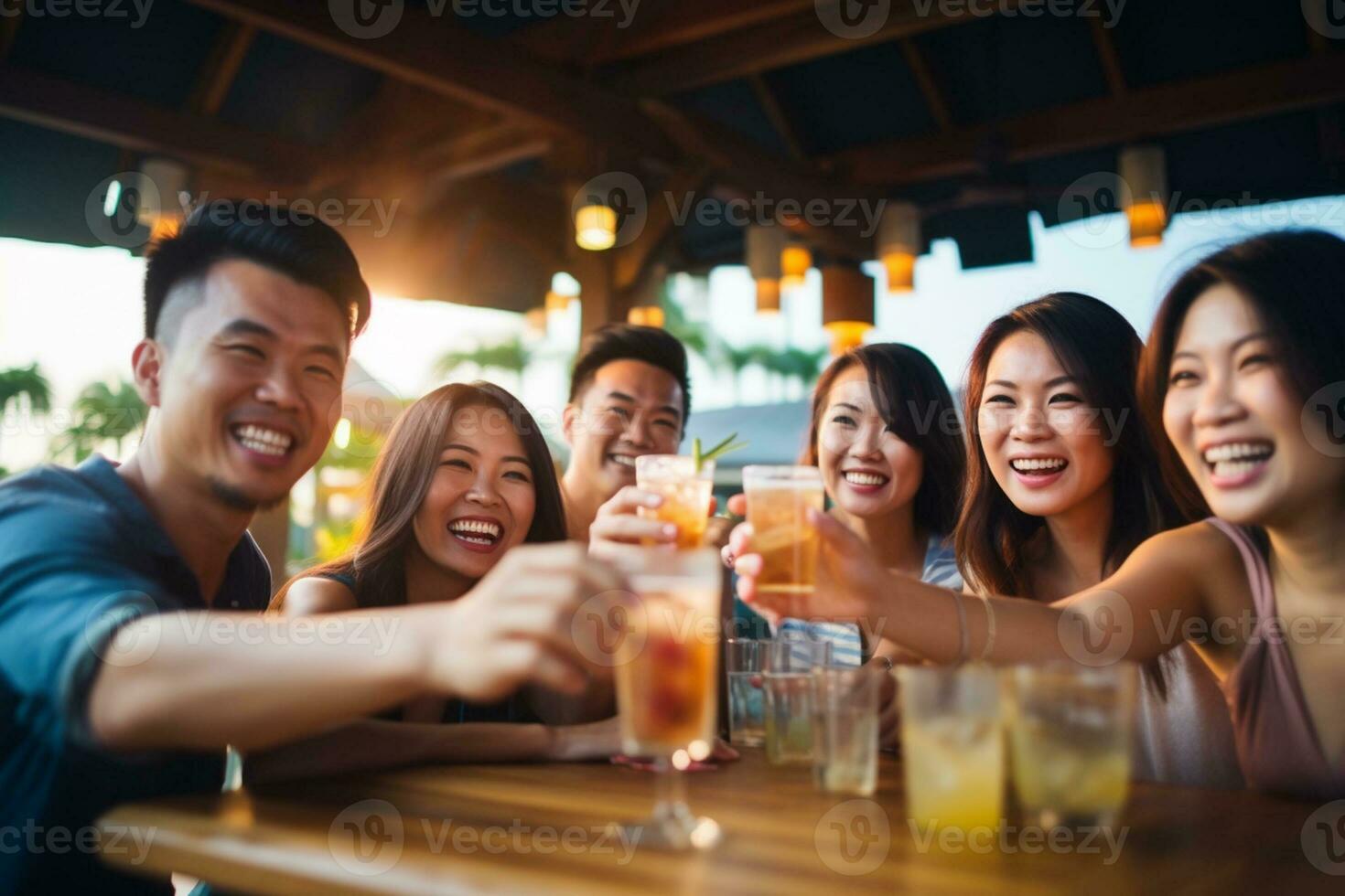 Group of happy friends enjoying cocktails at beach party Travel and summer vacation concept. AI Generative photo