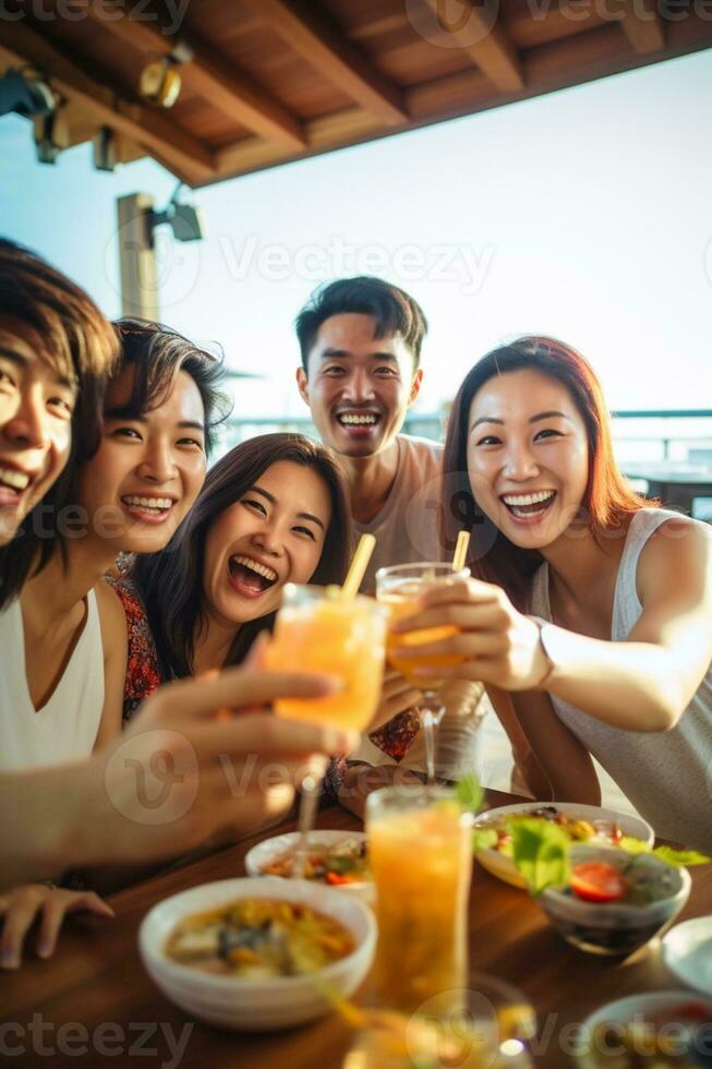 Group of happy friends enjoying cocktails at beach party Travel and summer vacation concept. AI Generative photo