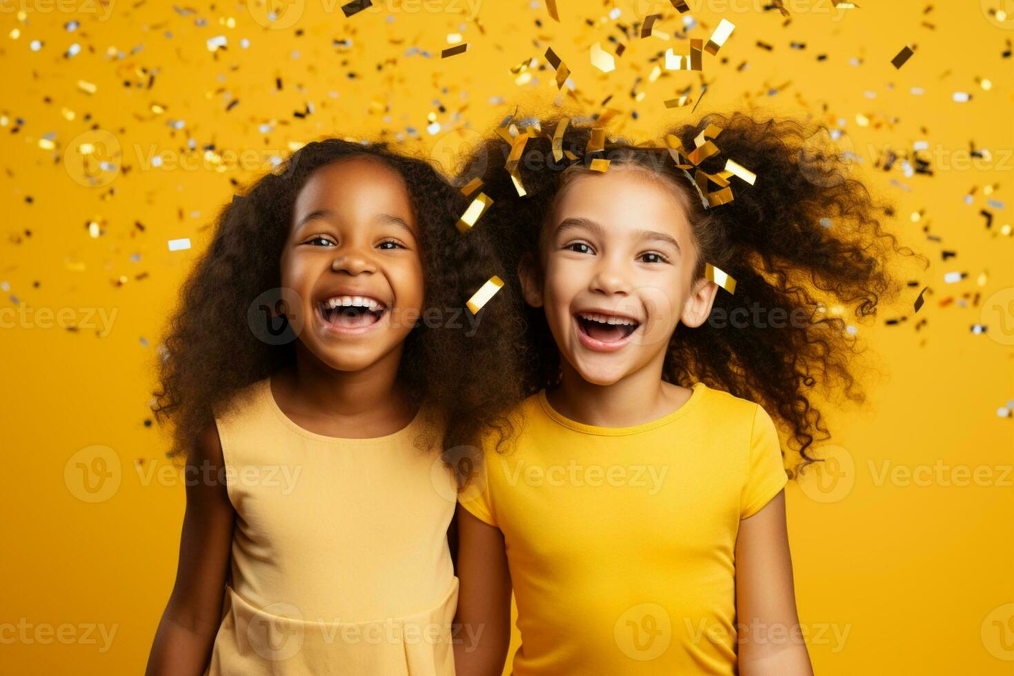 Happy girl with confetti on yellow background. AI Generative photo