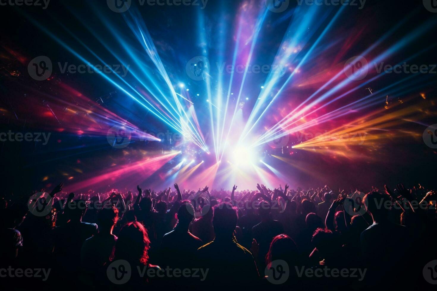 Rear view of  the crowd of people at a party at a concert stage at a music festival, AI Generative photo