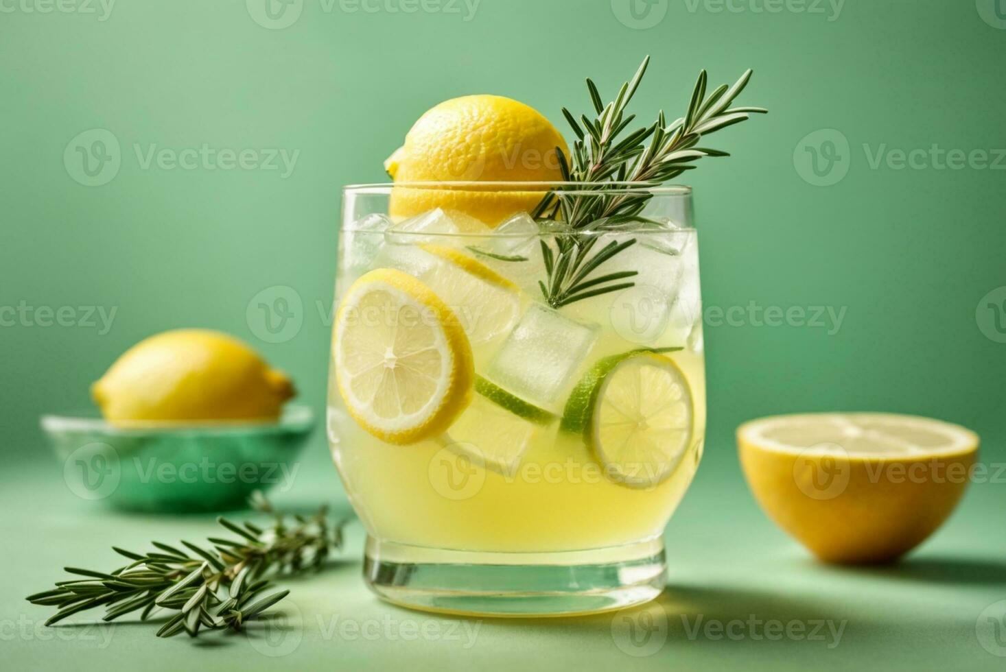Glass of tasty lemonade with rosemary and lime on color background, AI Generative photo