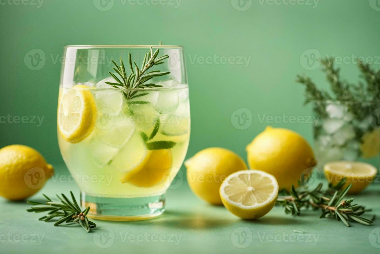 Glass of tasty lemonade with rosemary and lime on color background, AI Generative photo