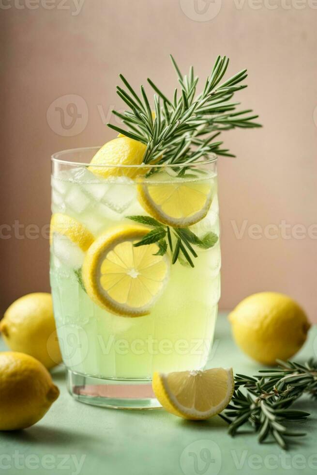 Glass of tasty lemonade with rosemary and lime on color background, AI Generative photo