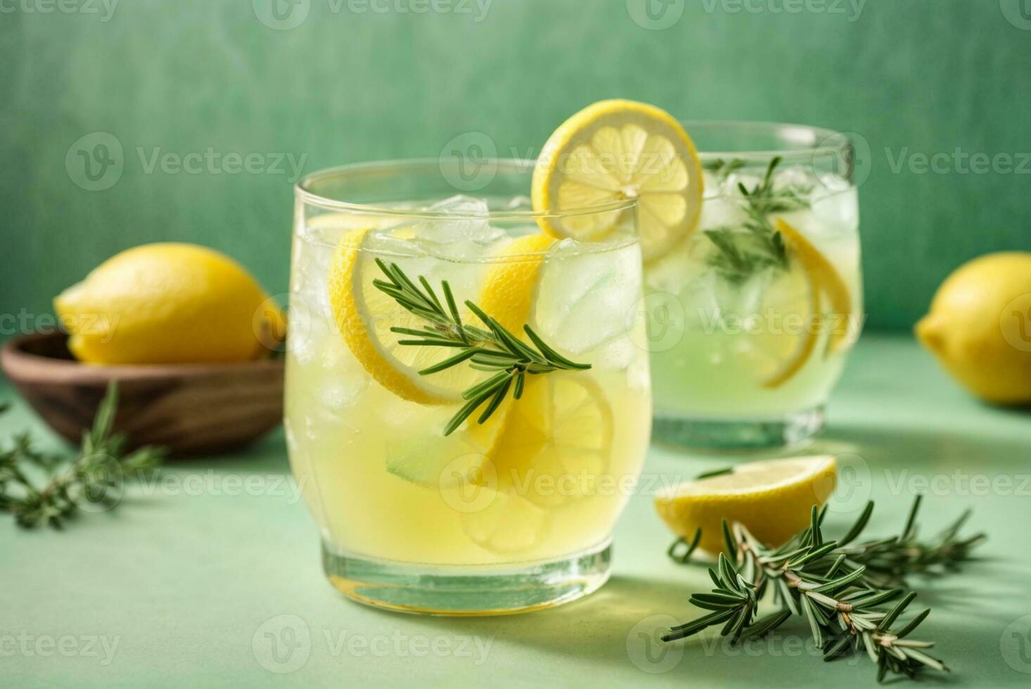 Glass of tasty lemonade with rosemary and lime on color background, AI Generative photo