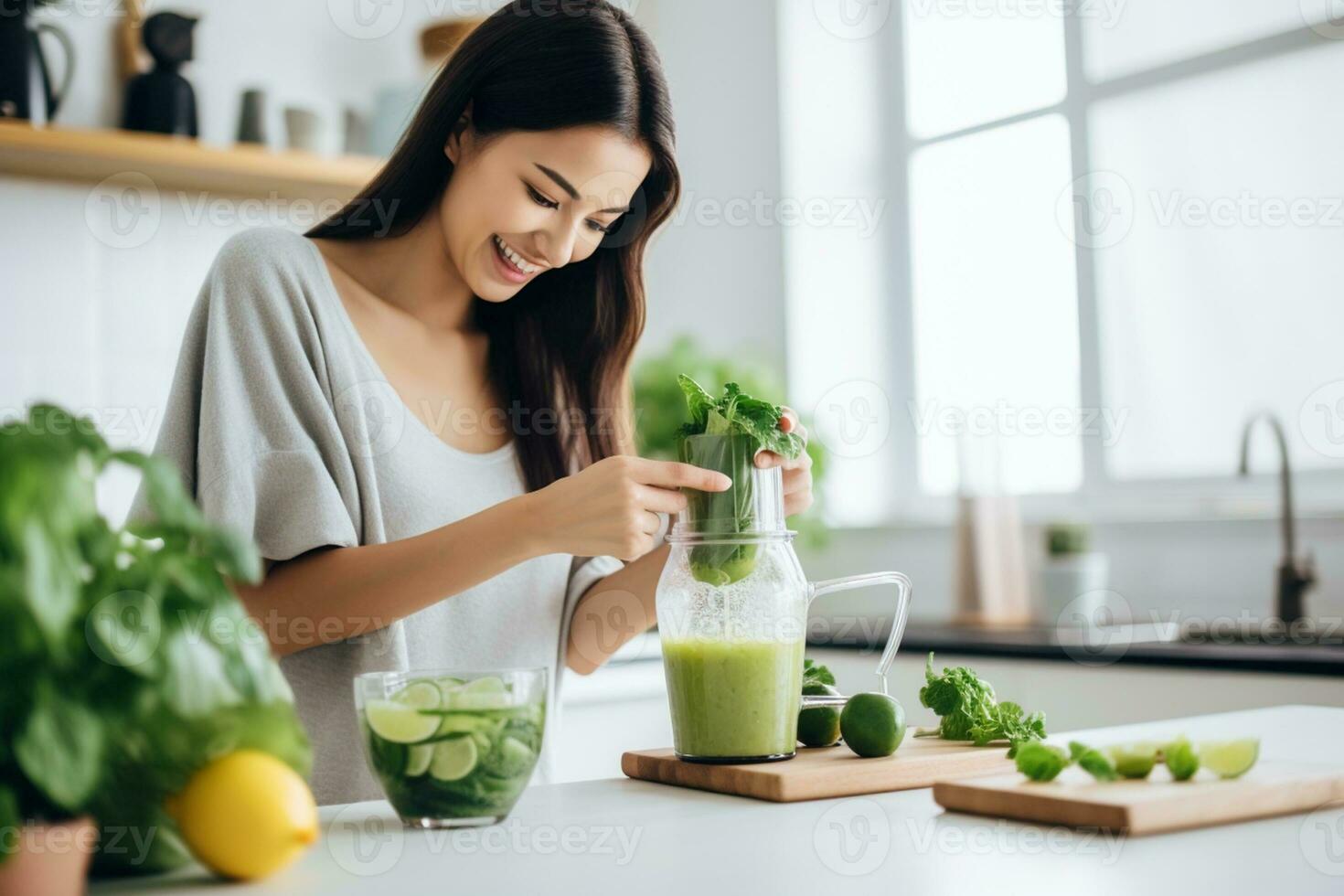 Young Asian woman makes detox fruit and vegetable smoothie at home, Healthy and beauty food concept, AI Generative. photo