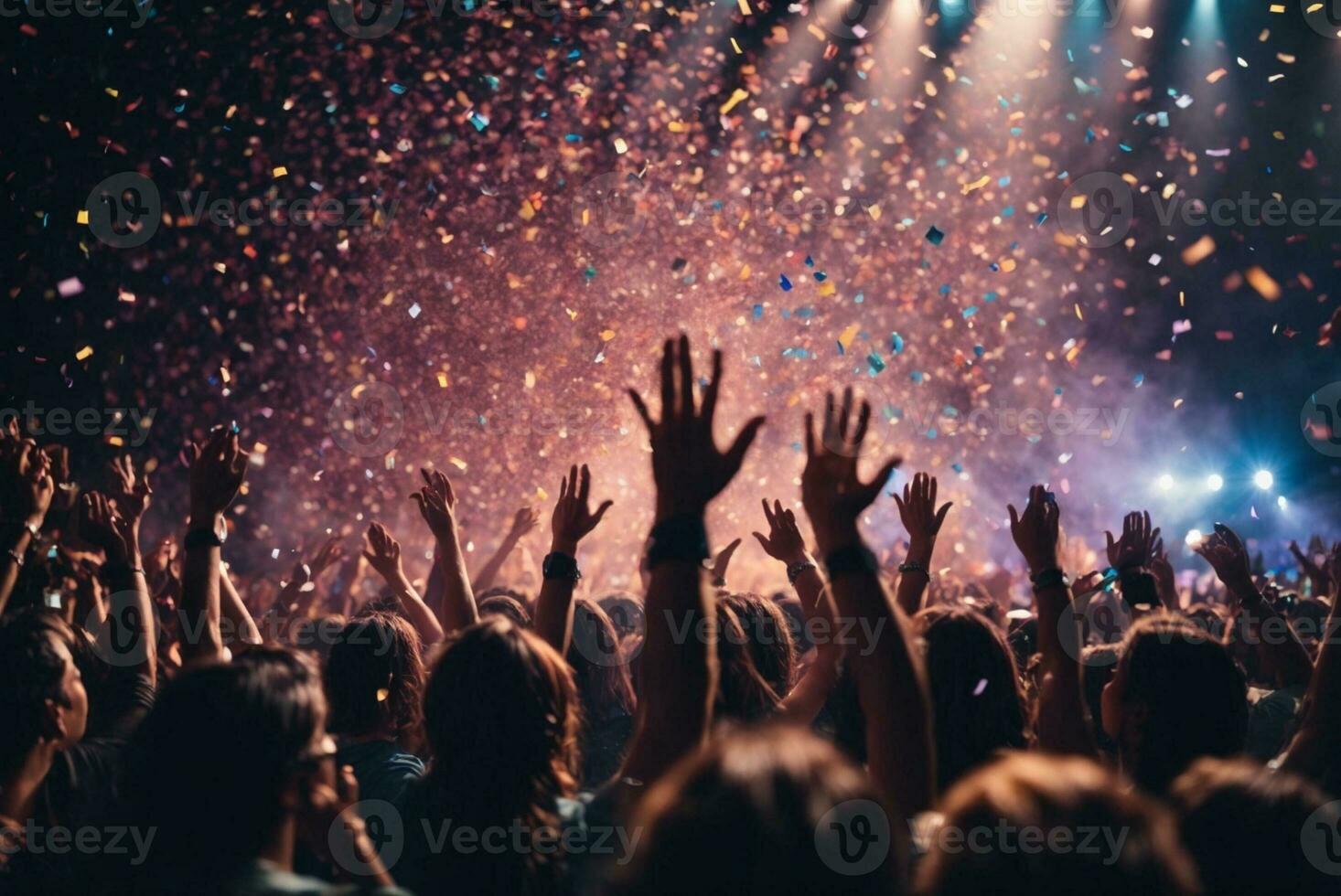 Crowd cheering at a music festival and confetti flying in the air. AI Generative photo