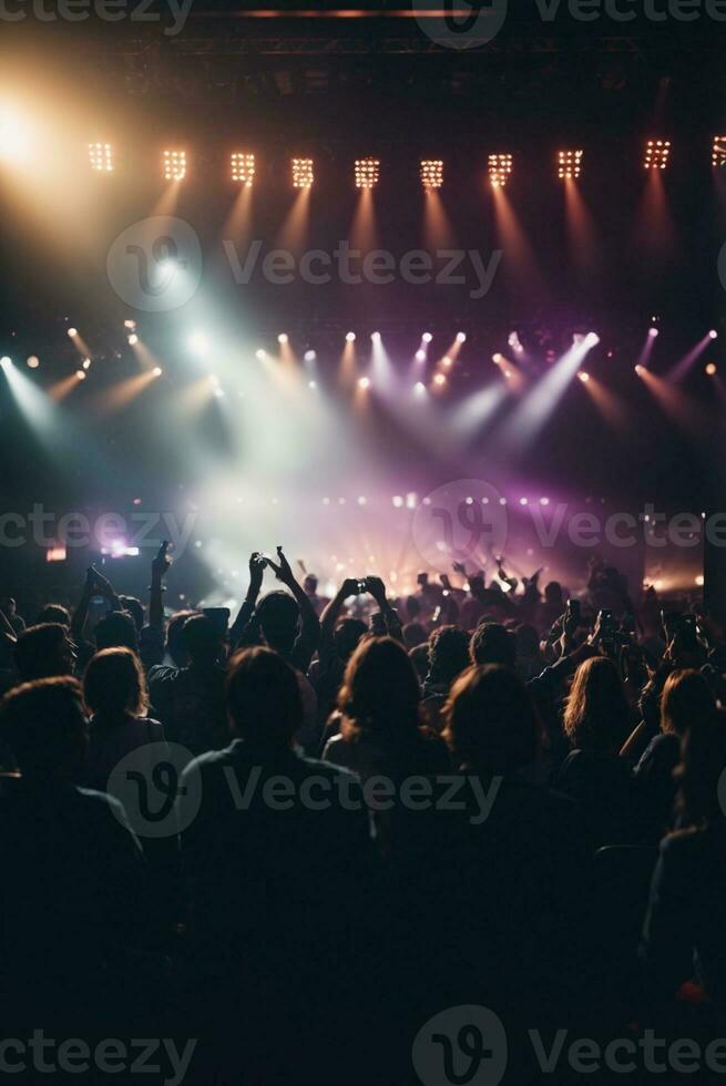 Concert crowd in front of a bright stage with lights and smoke. AI Generative photo