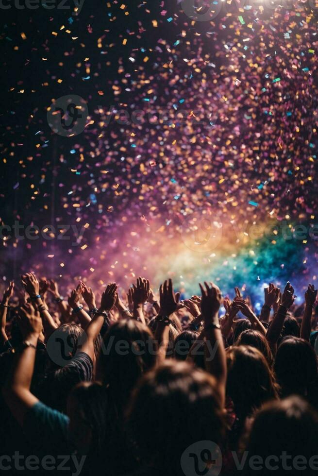 Crowd cheering at a music festival and confetti flying in the air. AI Generative photo