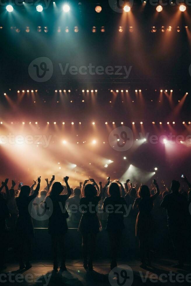 Concert crowd in front of a bright stage with lights and smoke. AI Generative photo