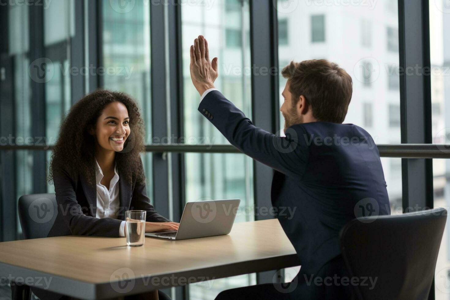 Group of business people high-five with colleagues in a meeting ,successful business ideas, AI Generative photo