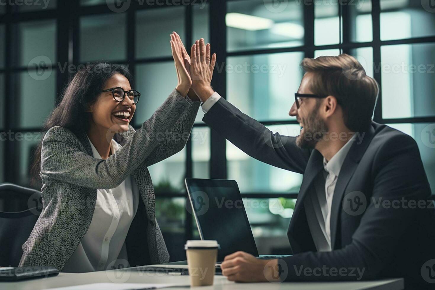 Group of business people high-five with colleagues in a meeting ,successful business ideas, AI Generative photo