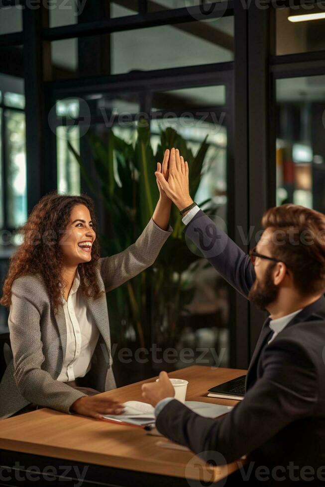 Group of business people high-five with colleagues in a meeting ,successful business ideas, AI Generative photo