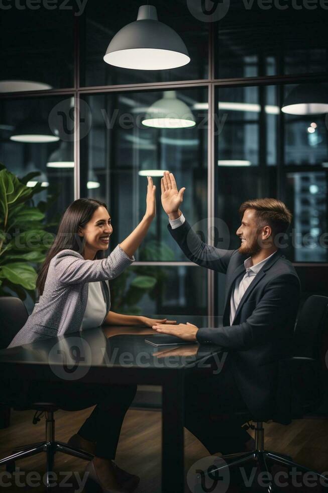 Group of business people high-five with colleagues in a meeting ,successful business ideas, AI Generative photo