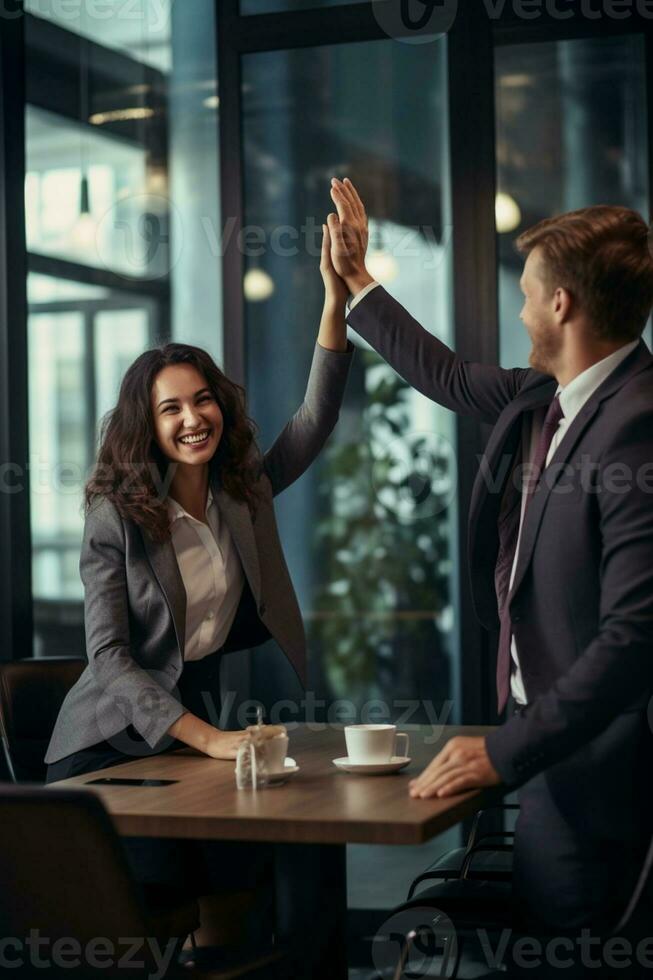 Group of business people high-five with colleagues in a meeting ,successful business ideas, AI Generative photo