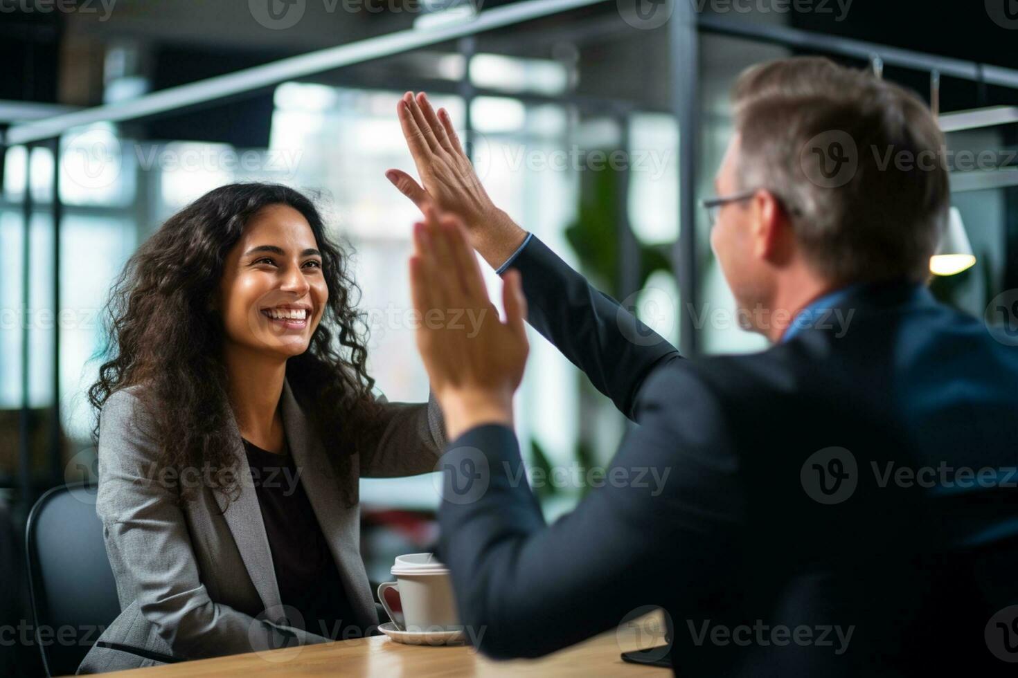 Group of business people high-five with colleagues in a meeting ,successful business ideas, AI Generative photo
