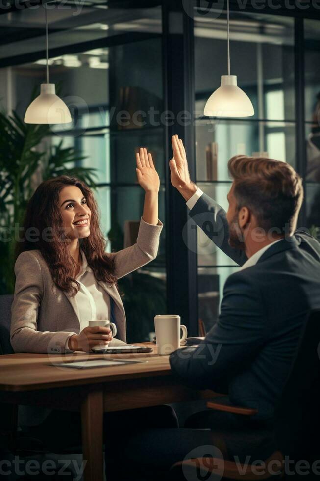 Group of business people high-five with colleagues in a meeting ,successful business ideas, AI Generative photo