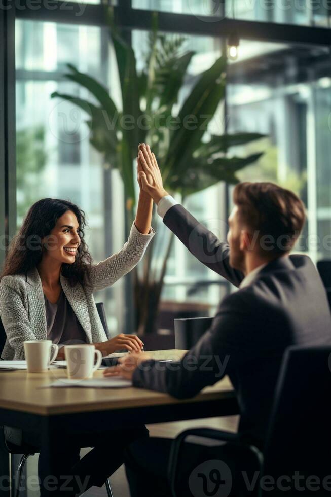 Group of business people high-five with colleagues in a meeting ,successful business ideas, AI Generative photo