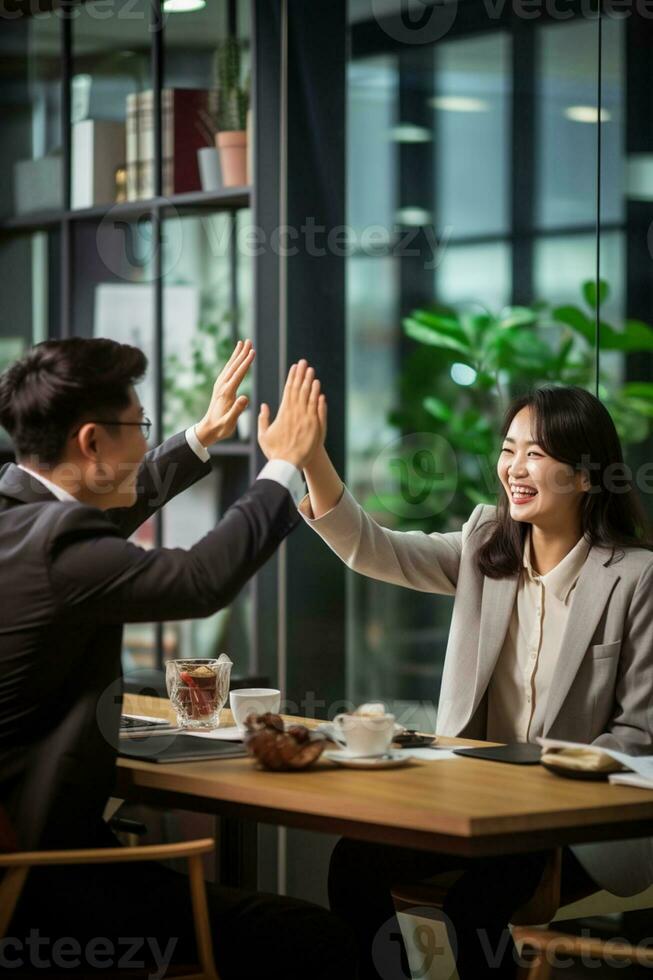 Group of business people high-five with colleagues in a meeting ,successful business ideas, AI Generative photo