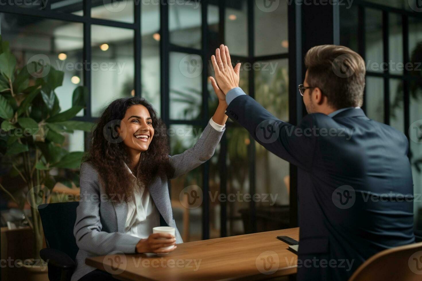 Group of business people high-five with colleagues in a meeting ,successful business ideas, AI Generative photo