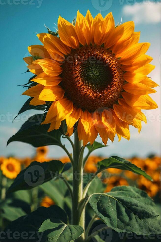 Sunflower field with blue sky background. Sunflower blooming in summer. AI Generative photo