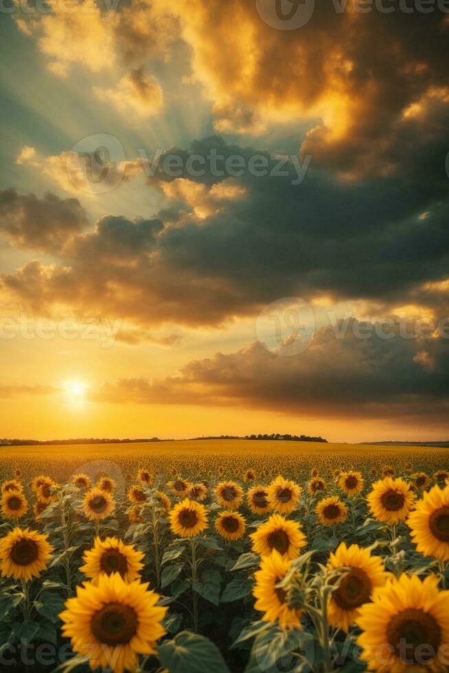 puesta de sol terminado girasol campo. hermosa verano paisaje con girasoles ai generativo foto