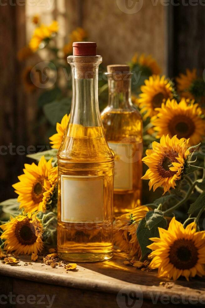 Sunflower oil in glass bottles with sunflowers on wooden background, AI Generative photo