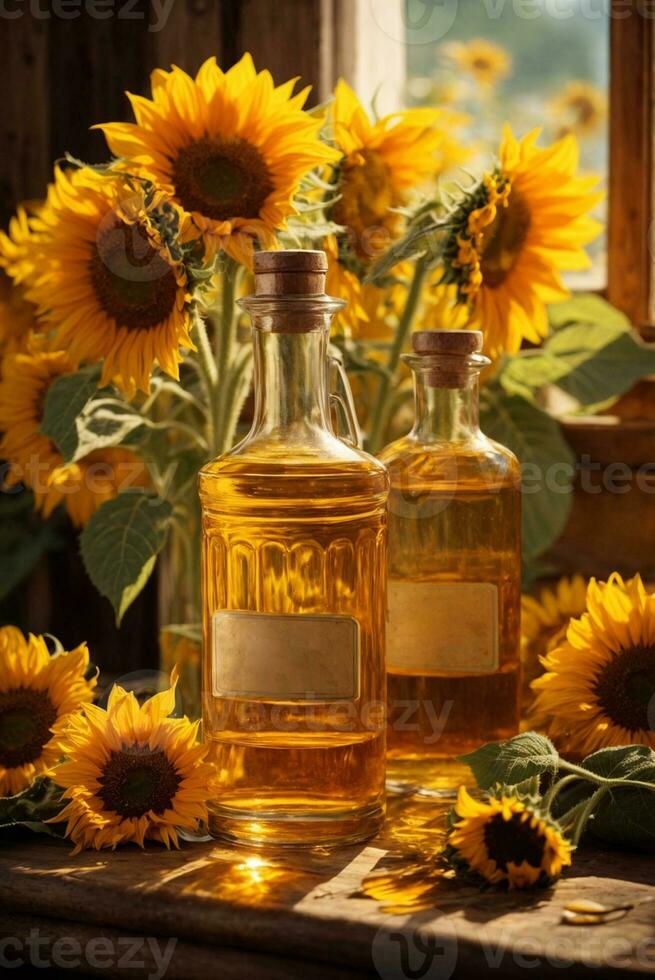 Sunflower oil in glass bottles with sunflowers on wooden background, AI Generative photo