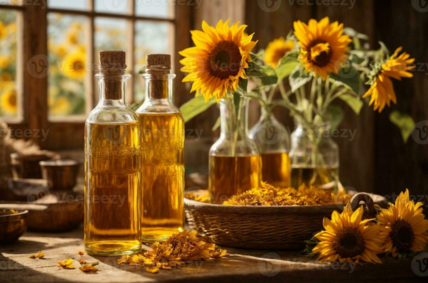 Sunflower oil in glass bottles with sunflowers on wooden background, AI Generative photo